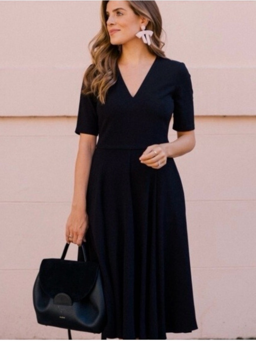 Girl Meets Glam Edith City Crepe Knee Length Classic V‑Neck Black Dress